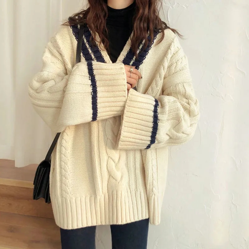 V-neck Color Sweater Women's Pullover Retro Fried Dough Twists Knitting Autumn Winter Korean Version College Loose Casual Top