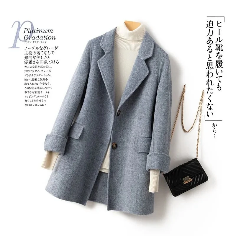 

100% Pure Wool Woolen Coat Women 2023 Autumn Winter Suit Wool Overcoat Thin Cashmere Two-sided Jacket Suit Collar Outwear Female