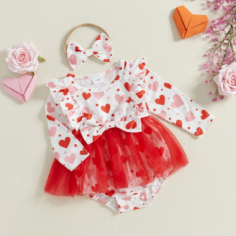 Baby Girls Rompers Dress Valentine s Day Clothes Heart Print Mesh Skirt Hem Long Sleeve Fall Bodysuits with Headband