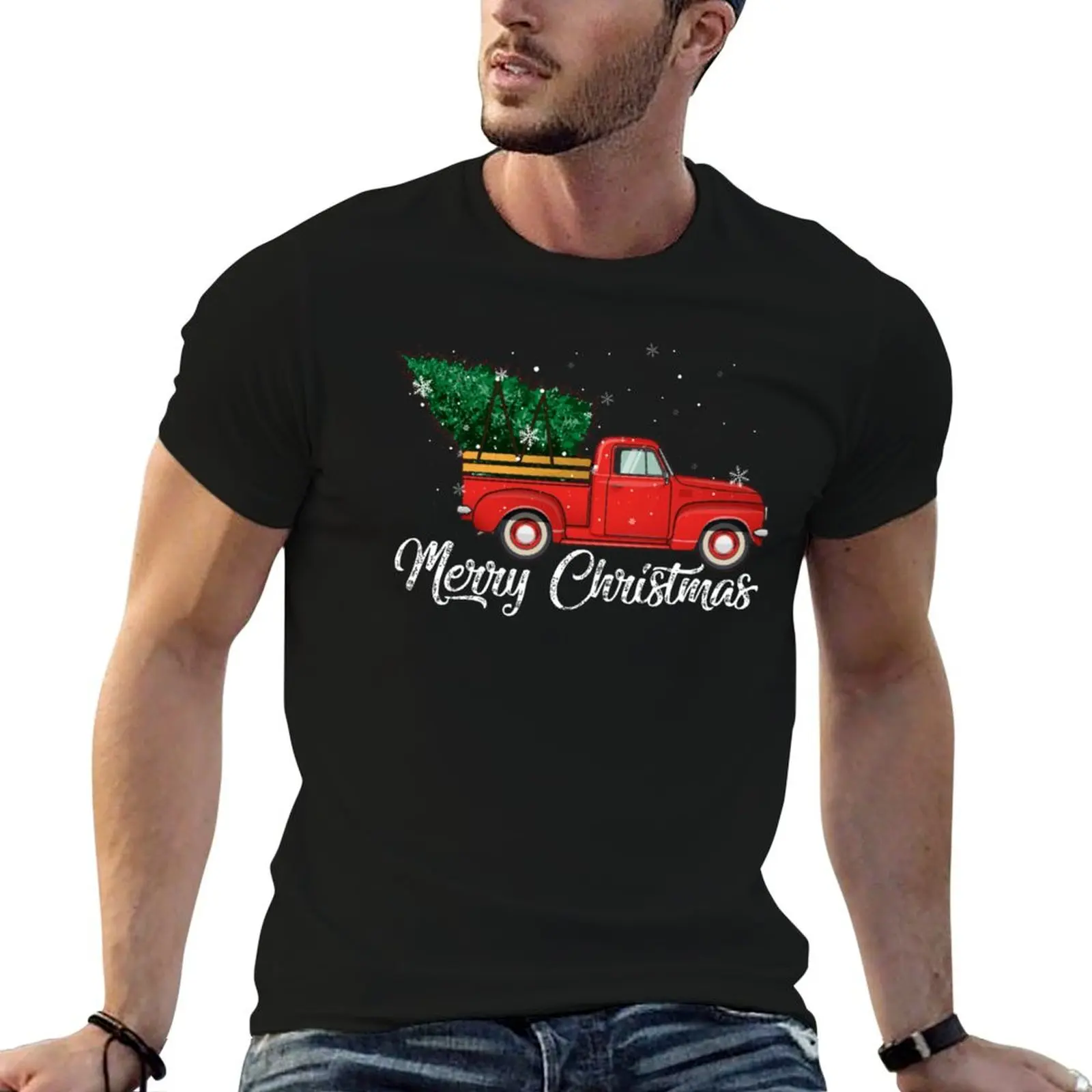 Red Truck Pick Up Christmas Tree Vintage Retro Sweater Gift For Men And Women, Halloween day, Thanksgiving day, Christma T-Shirt