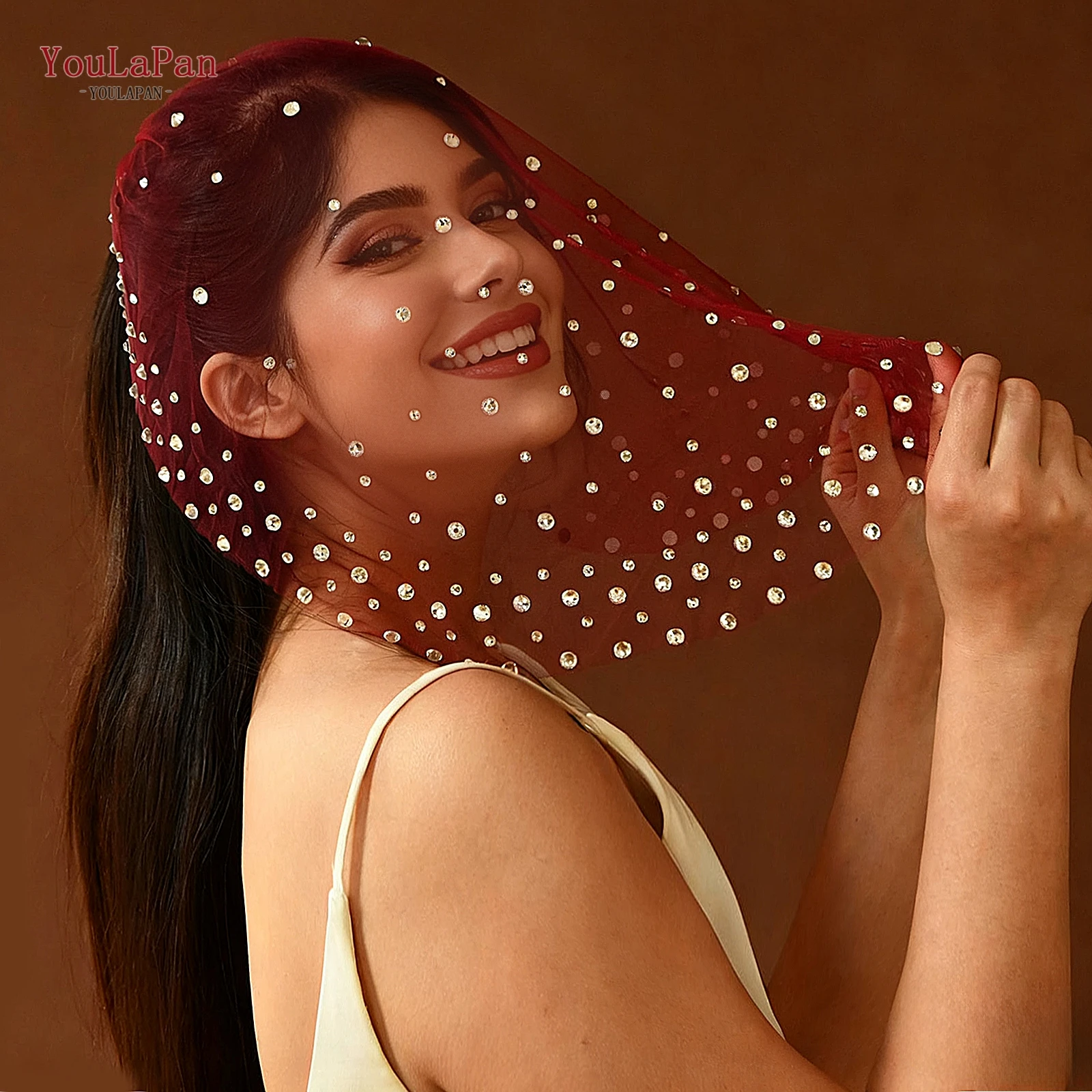 Youlapan Ma07 كلاريت حجر الراين أحمر الخدود الحجاب حجاب الزفاف الصغير إكسسوار زفاف رائع مع أحجار الراين للتخصيص