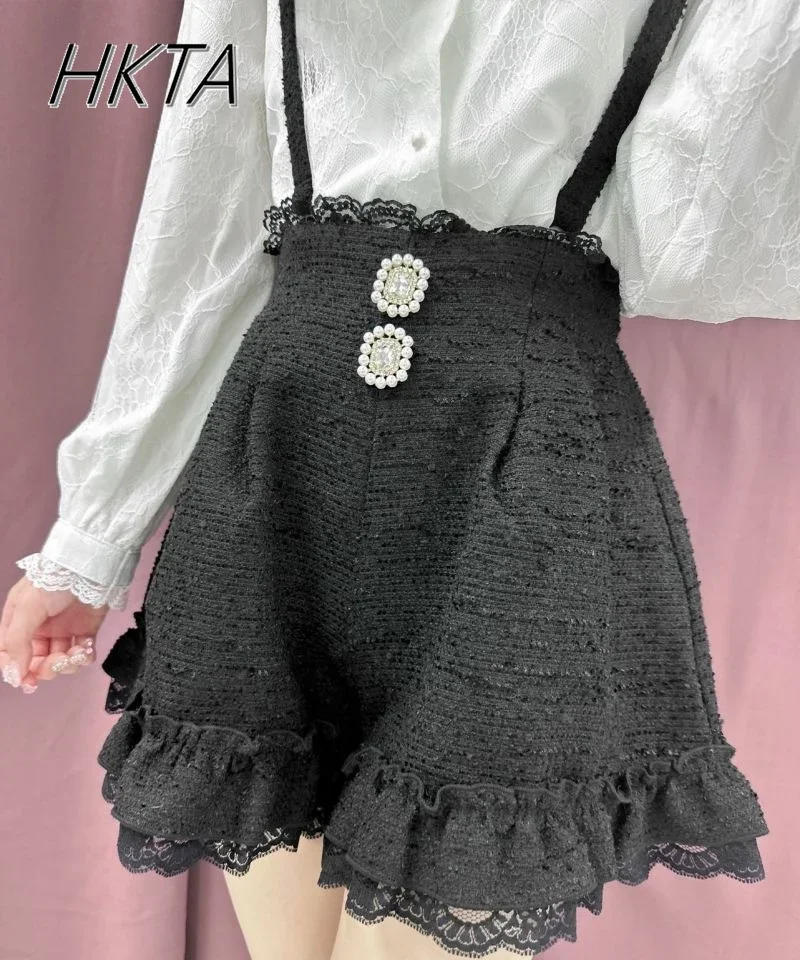 2024 Autumn New Rhinestone Lace Ruffled Shorts Rojita Suspender Skirt Girls Mine Mass-Produced Tweed Straps Shorts Skirt Women