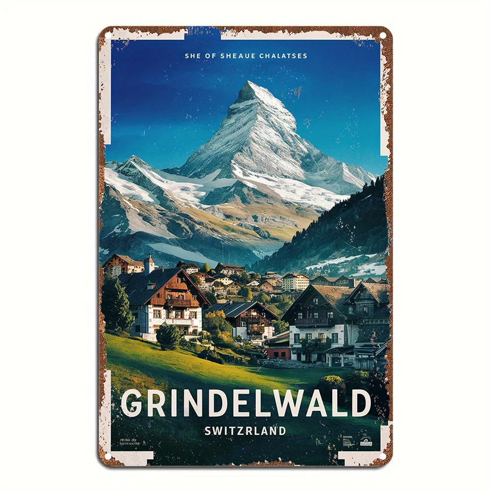 Panneau mural vintage en fer Grindelwald Suisse - Art rétro paysage alpin, décoration rustique en métal pour la maison, le bar, le café
