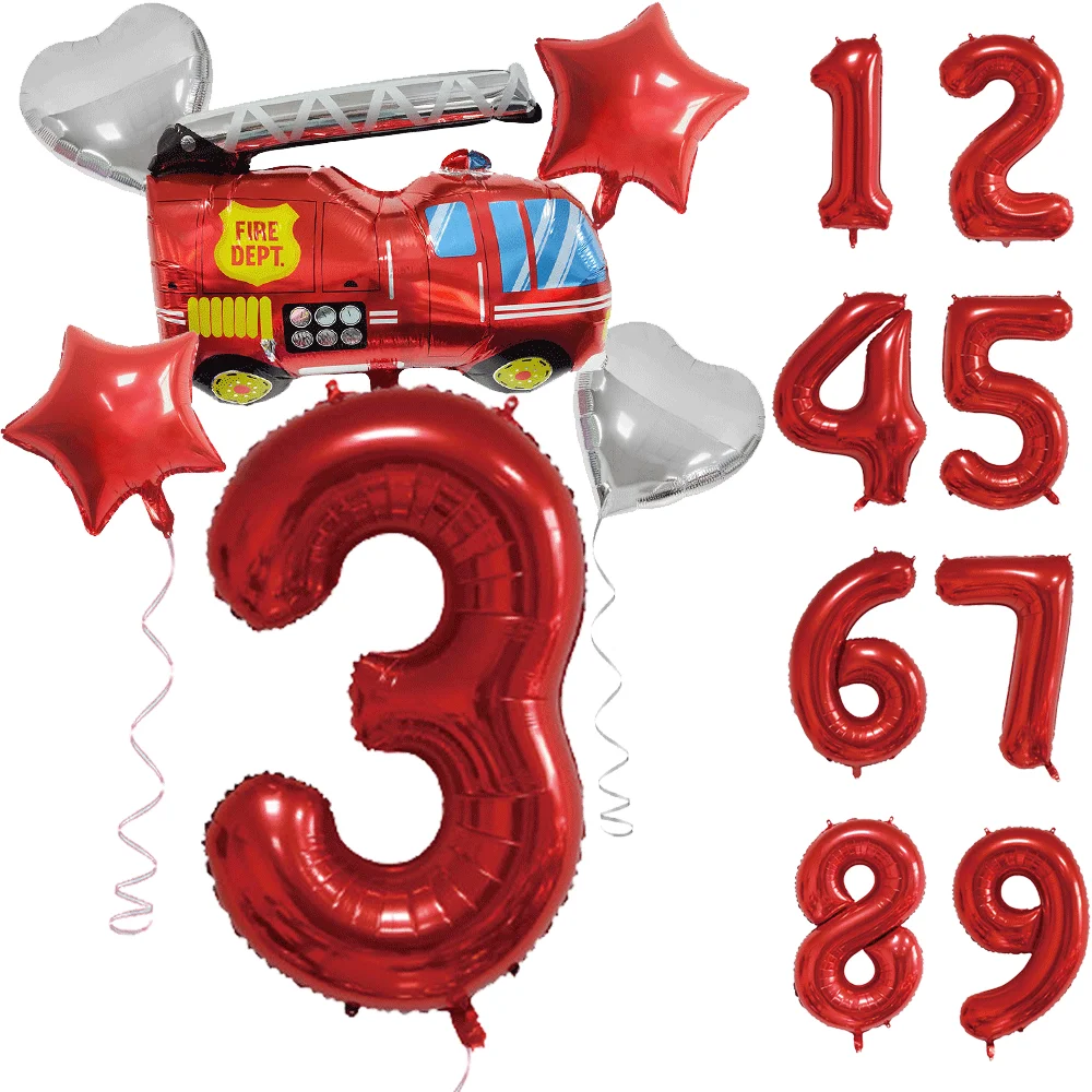 Firefighter Themed Birthday 1-9 Number Foil Balloon Flagbanner Fire Truck Balloon Kids Boys Fireman Party Decoration Baby Shower