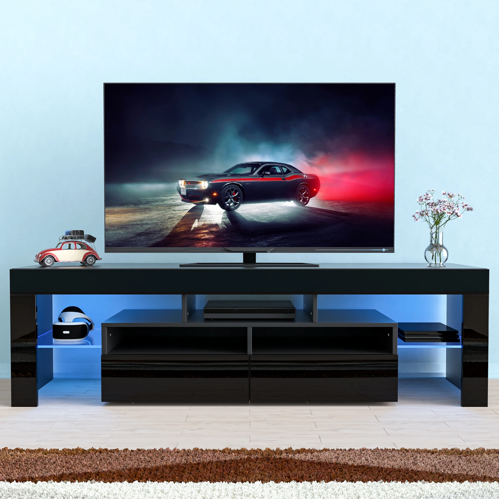 LED TV Stand for Living Room w/20 Colors Lights & Storage Shelf High Gloss TV Cabinet with Large Drawers for Gameroom/Bedroom