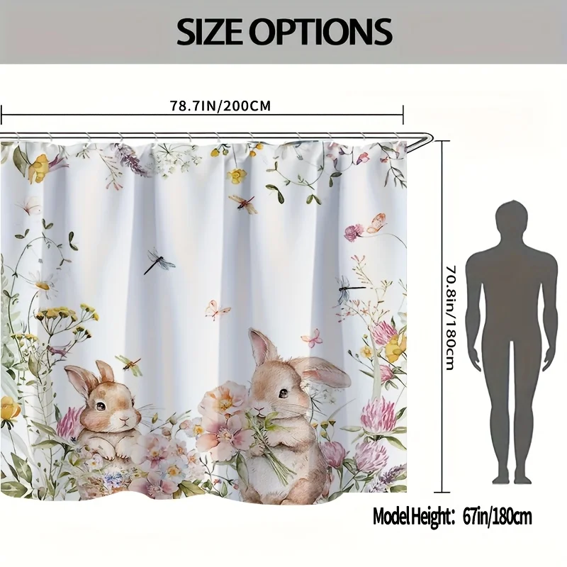 VIKAMA Bunny Garden Shower Curtain Floral Dragonfly Greenery Kids' Room Bathroom Parent-Child Fresh Natural Instagram Style Deco