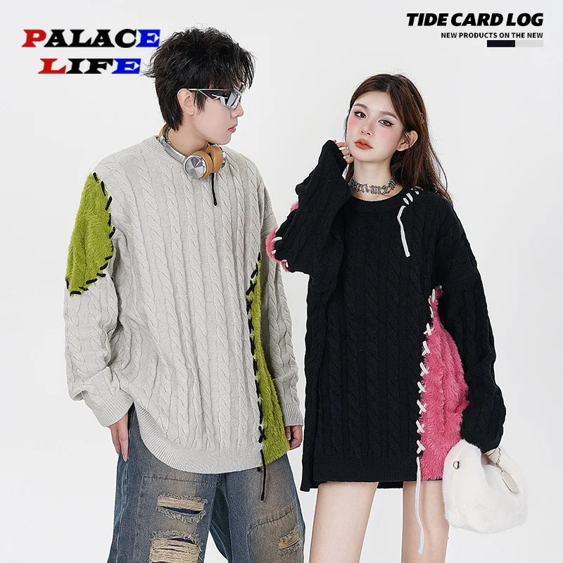 

Spring Women's Sweaters Patchwork Vintage Warm Knitted Couples Striped Christmas Sweater Print Oversize Pullover Mens Clothes