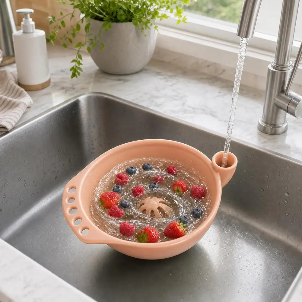 Ceramic Berry Rinse Bowl with Drainage Fruit Washer Spinner Self-spinning Dynamic Vortex Fruit Cleaning Bowl For Kitchen