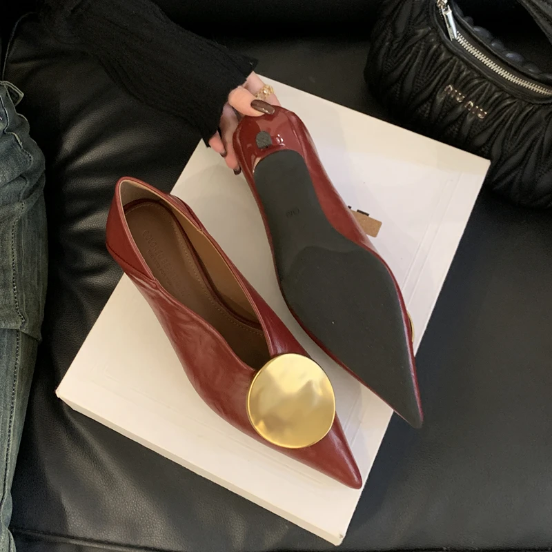 Suojialun 2025 outono nova marca feminina bombas sapatos moda ouro metal raso deslizamento em único sapatos finos vestido de salto baixo bombas