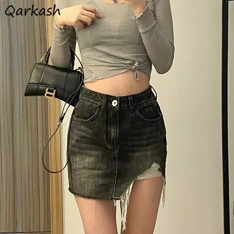 

Denim Skirts Women Retro Hole Irregular BF Style Cool Summer Femme New Fit A-line 2022 Ulzzang Sexy Casual Faldas Ins Night Club