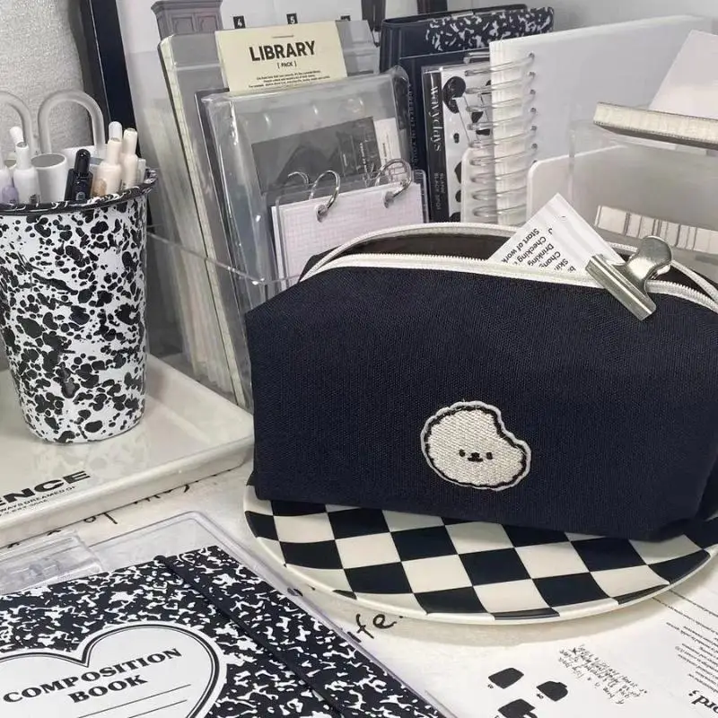 Black Puppy Canvas Pen Bag Pencil Case Student Cartoon Stationery Organizer For Teen School Supplies