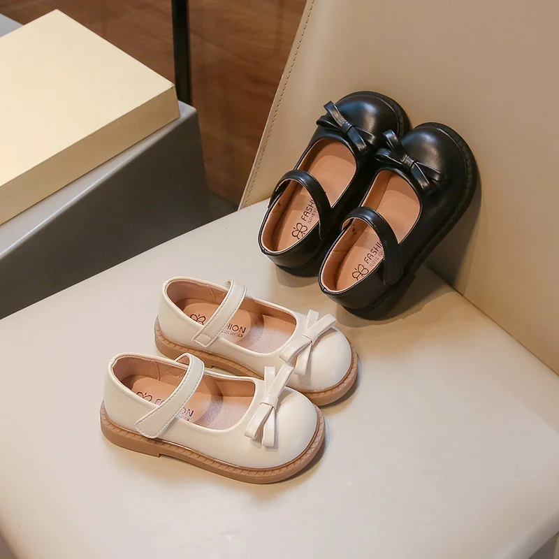 

2-18 Years Old Children Leather Shoes Beige Soft Bottom Bow Girls Princess Shoes Spring Autumn Non-slip Kid Baby Single Shoes