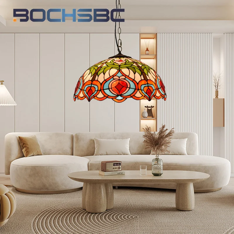 

BOCHSBC Tiffany stained glass Pastoral festive Peach chandelier Art Deco Hotel Living Room Dining Room Bedroom ceiling light