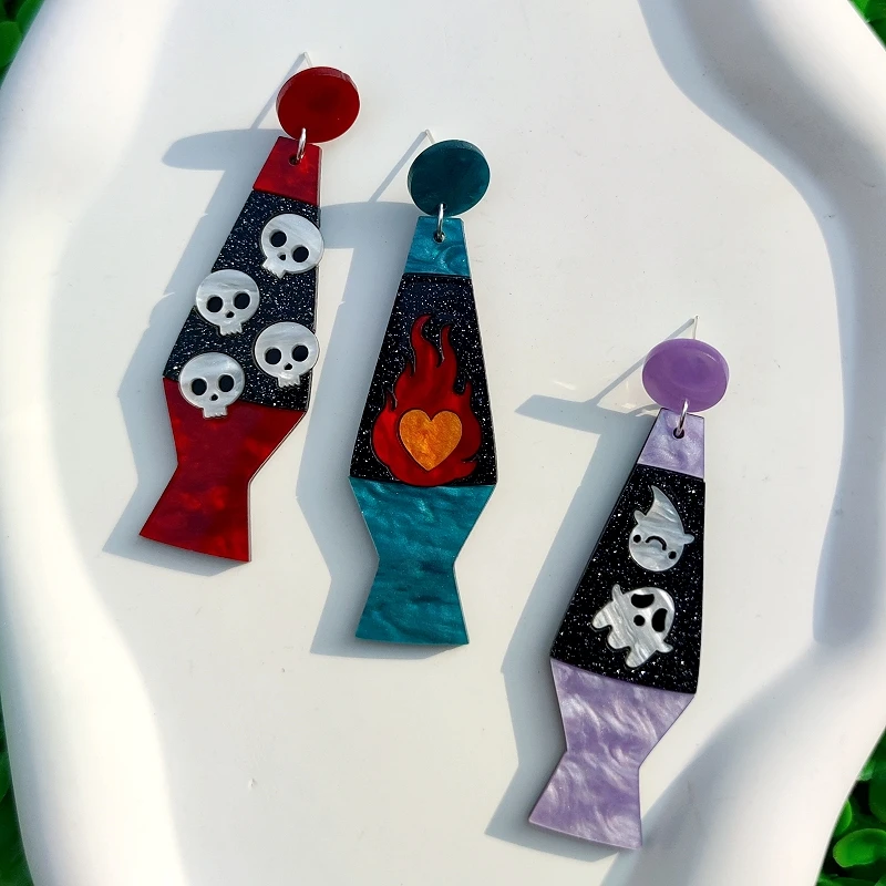 KUGUYS Lava Magma Earrings for Women Acrylic Shell Tone Skeleton Flame Jewelry Halloween Ghost Accessories