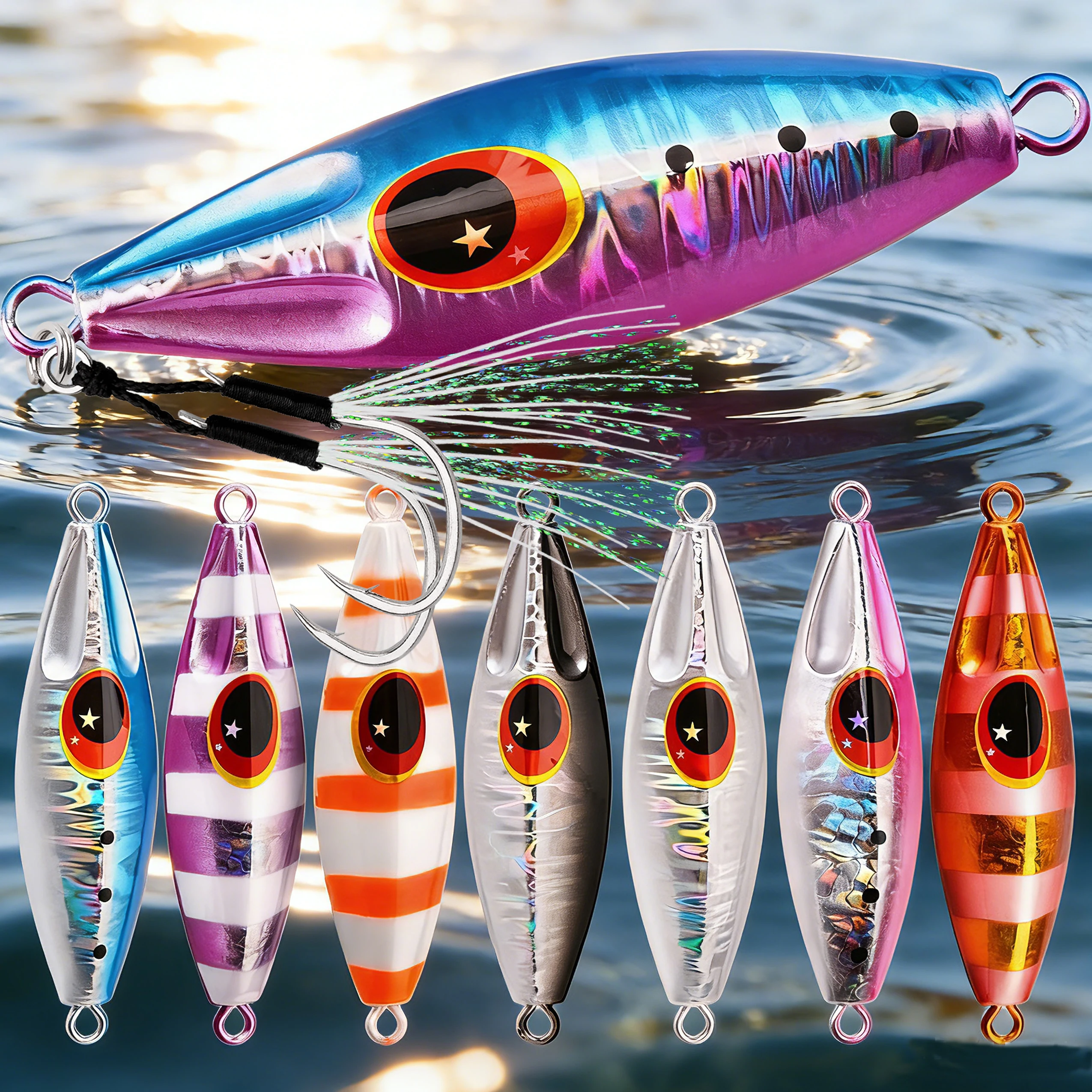 

8pcs/lot Metal Jig Fishing Lure Weights 30g-120g Fishing Jigs Saltwater Lures Bass Isca Artificial Fake Fish Glitter Holographic