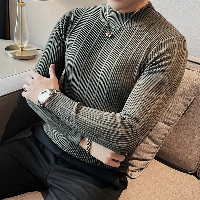 2023 Fashion Slim Fit Turtleneck Knitted Sweater Men Slim Fit Clothing Autumn New Casual Stripe Pullovers All-match Warm Tops