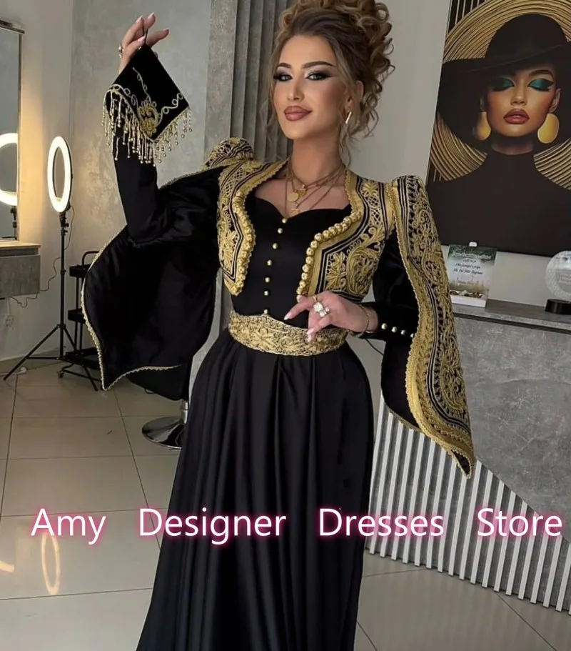 Generous Arabic Evening Dresses 2026 Gold Applique Long Sleeves Wedding Party Dress Graceful Dinner Gowns Females Customized