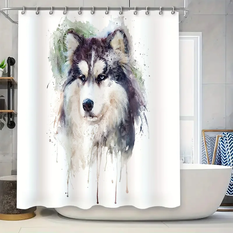 

Husky Shower Curtain Bathroom Decor Farmhouse Coastal Blue Grey Wolf Patterned Fabric Shower Curtain Set Waterproof Modern