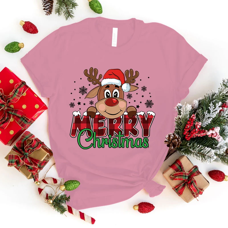 (Premium T-shirt)Cute Merry Christmas Print T-Shirts For Women Summer Lovely Short Sleeve Casual Round Neck T-Shirts Ladies tops