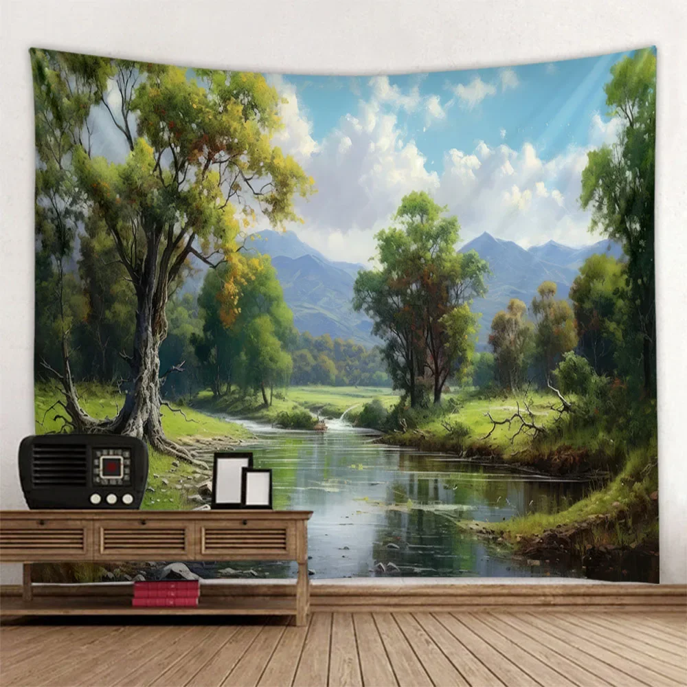 Beautiful forest landscape tapestry bedroom living room wall art decoration background cloth, hippie aesthetic fabric mural