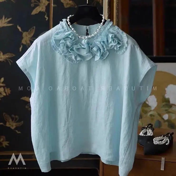 

Design Sense Flower Loose Temperament Shirt Summer Short Casual Simple Round Neck Blue Small Fly Sleeve Top