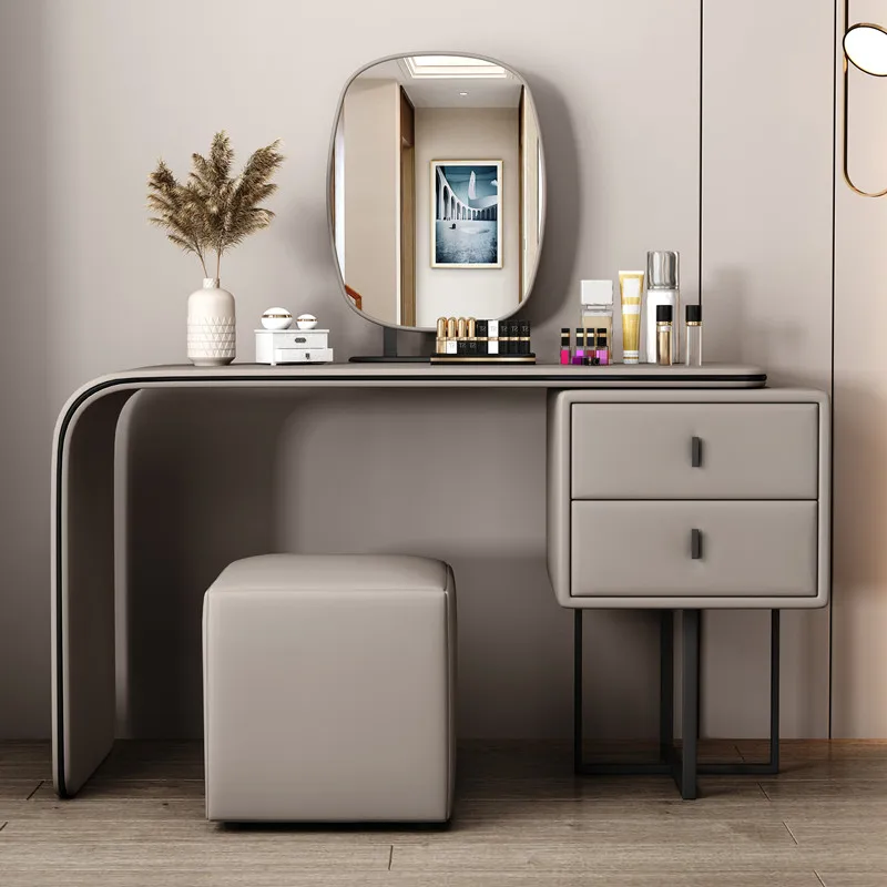 Modern Wood Dressing Table Vanity Set 2 Drawers Storage Cabinet Lighted Freestanding Mirror Stool