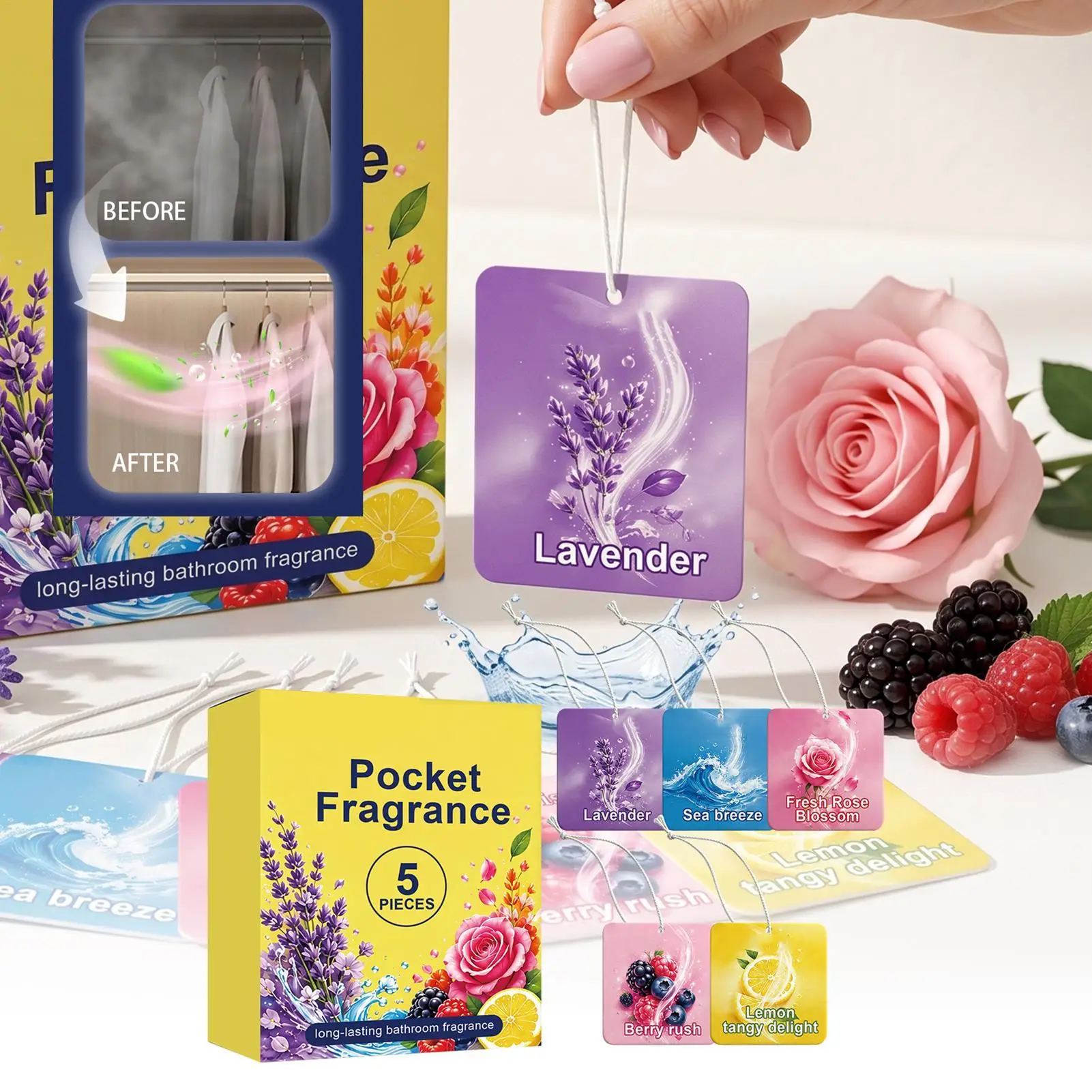 5 Pack Fragrance Sachets Mixed Scent Air Freshener Lavender Ocean Lemon Cherry Rose Closet Car Room Freshener Deodorizer