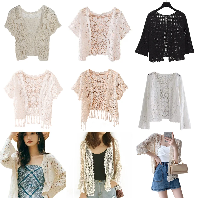 

Womens Tassels Lace Bolero Shrugs Short Sleeve Crop Top Crochet Floral Open Front Cardigan for Wedding Evening Dresses