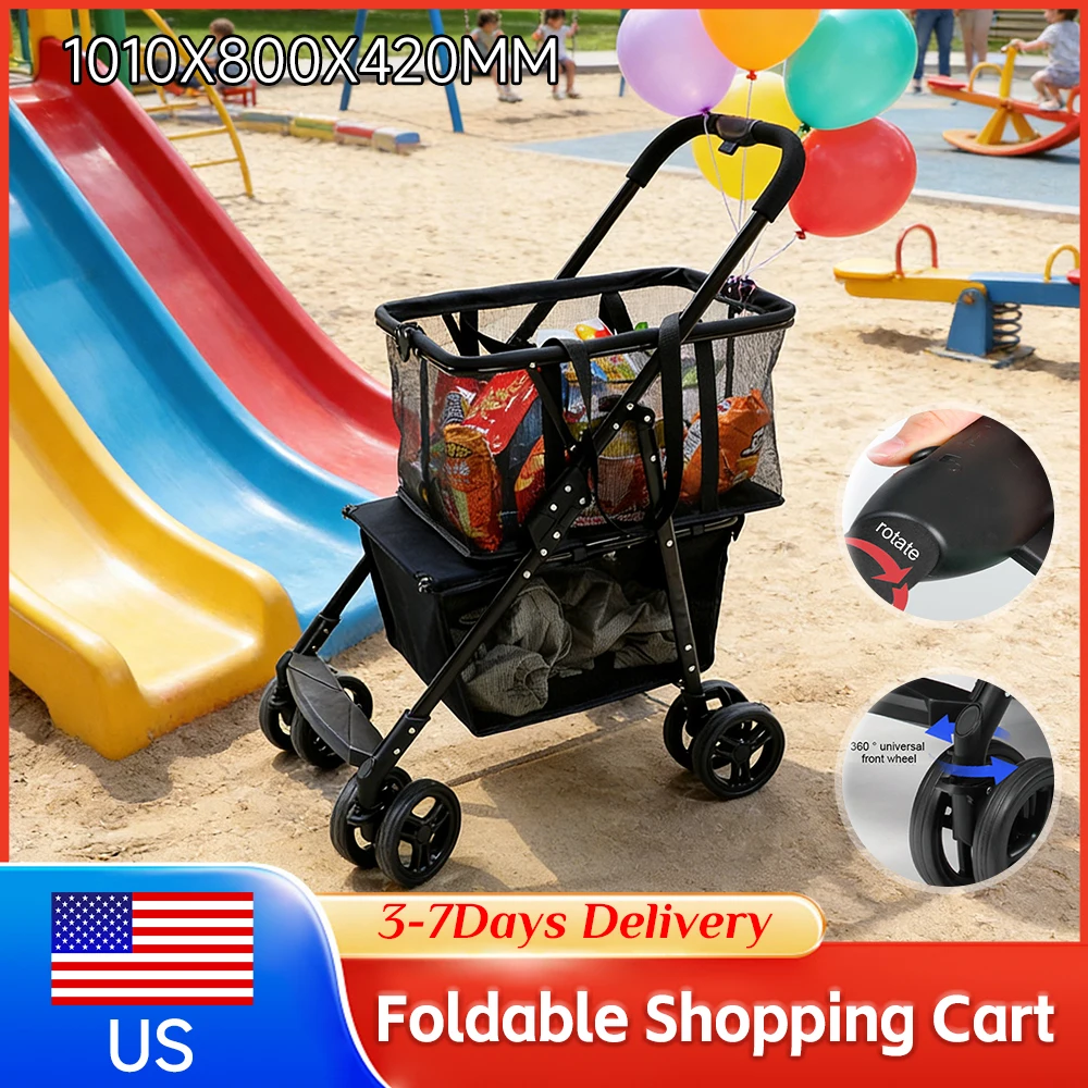 

Collapsible Foldable Shopping Cart with Wheels Removable Basket Portable Grocery Cart for Camping Picnic Laundry Personal Daily