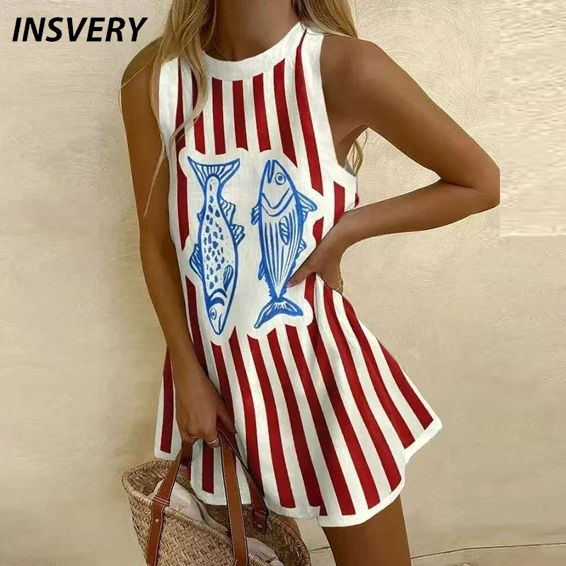 Summer Casual Sleeveless Dress Women O Neck Pattern Printed Mini Dresses For Women Elegant Beach Party Dress 2025