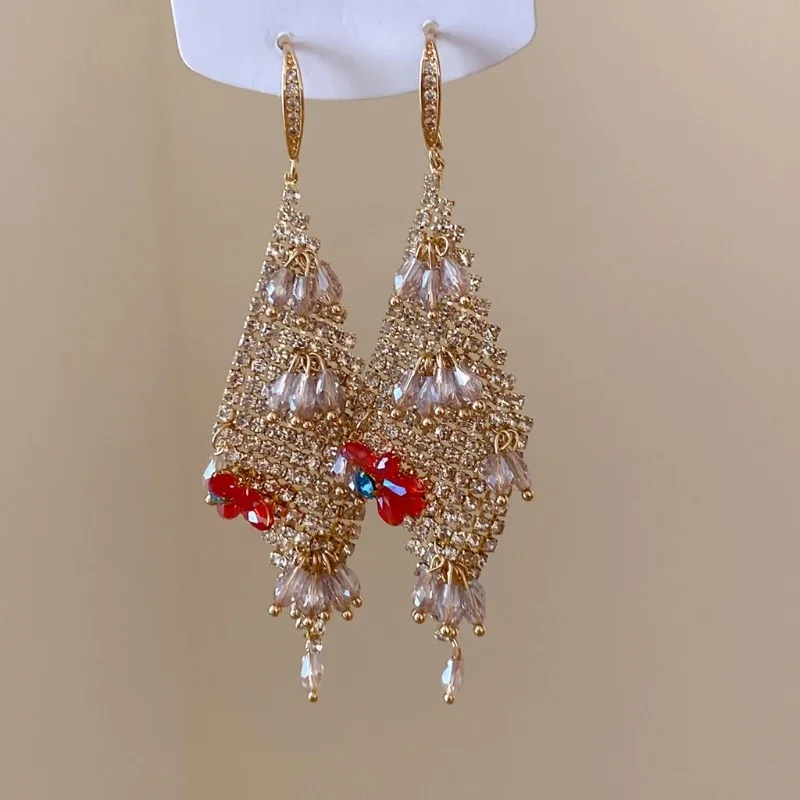 Fashion Drop Earring Rhombus Mesh Inlay Multi‑Bead Tassel Ornate Dangle Glam Party Design Jewelry for Women Daily Banquet