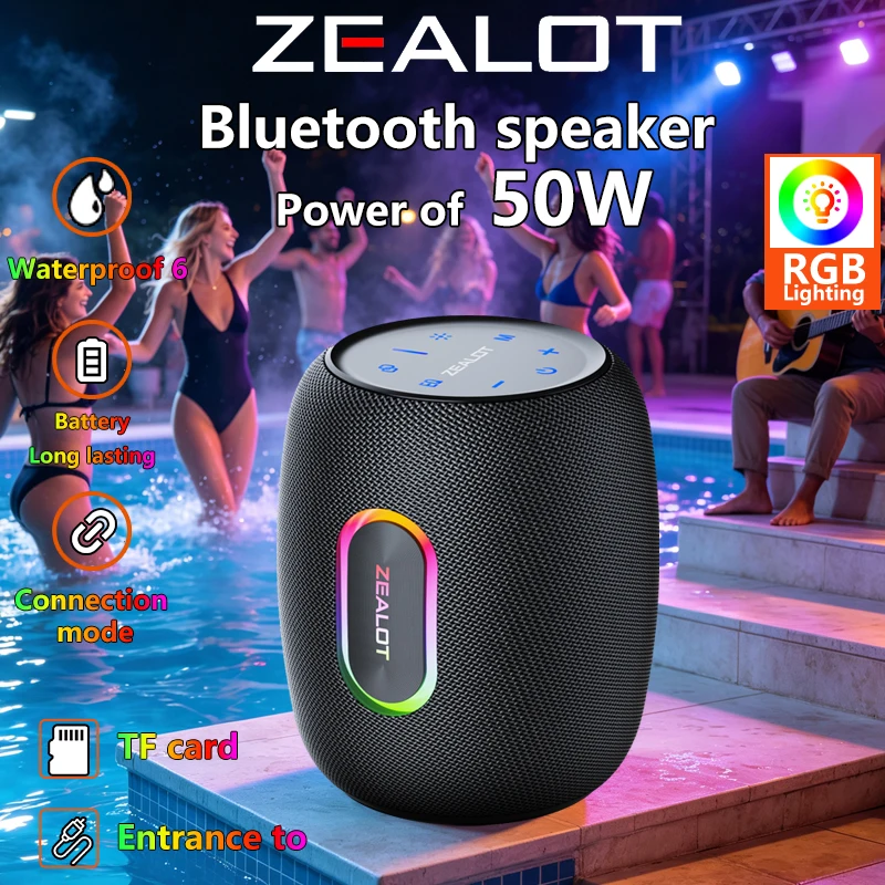 ZEALOT-S64 Bluetooth Speaker 50W Bluetooth 5.2 Wireless Speakers,360 Degree Surround Sound, IPX6 Waterproof, 20H Playtime