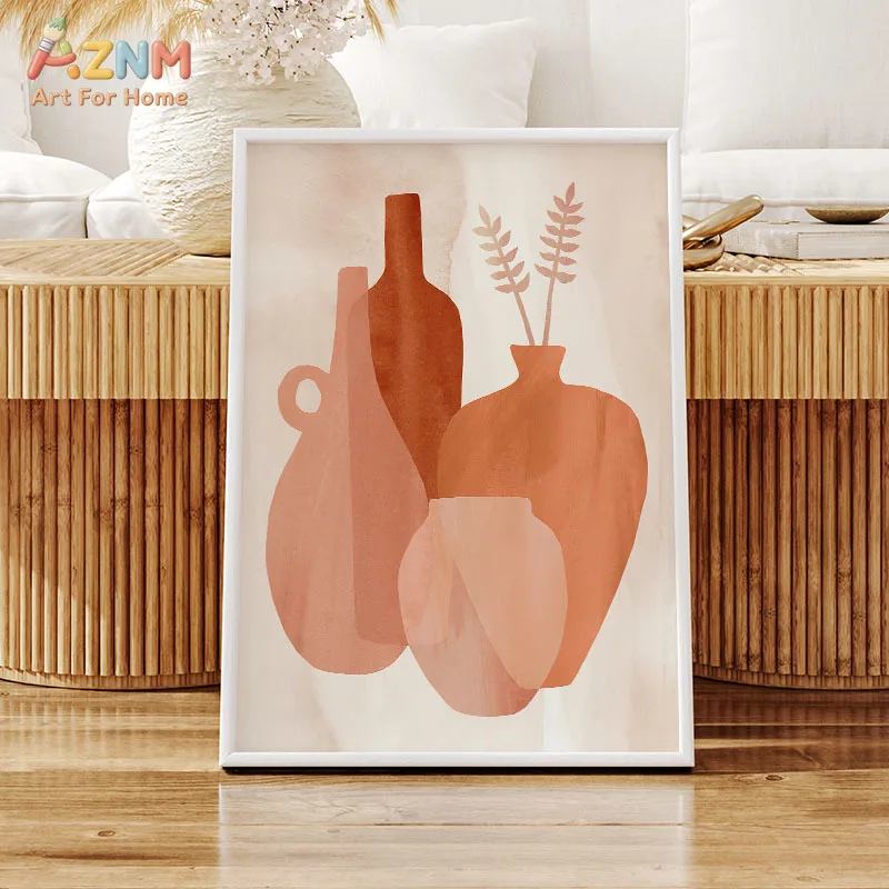 AZNM Impression sur toile de vase abstrait en terre cuite, aquarelle, tons neutres de terre, poterie botanique minimaliste, affiche murale bohème, sans cadre