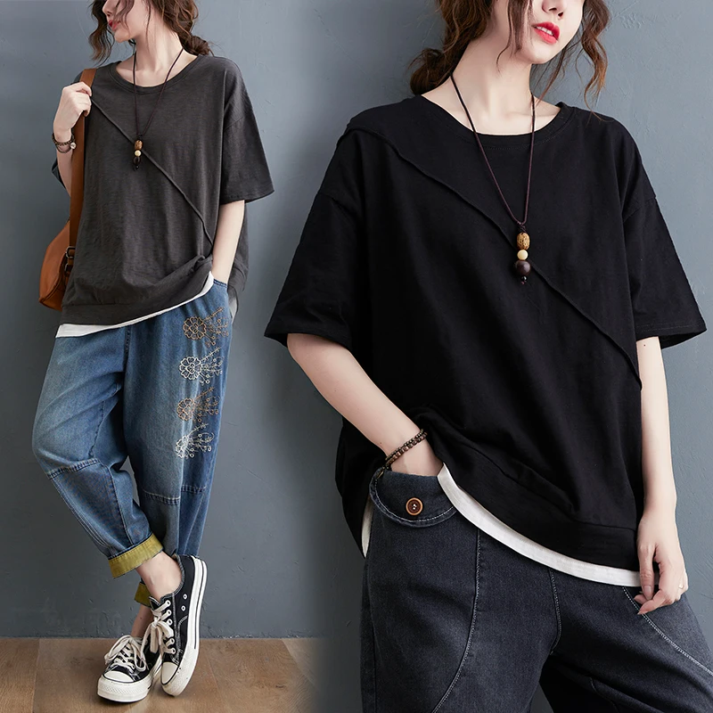 plus Size Women's Summer T-irt Color Blo  Color ort Sve round Ne Loose Fit Casual Versatile Fake Two-Piece Top