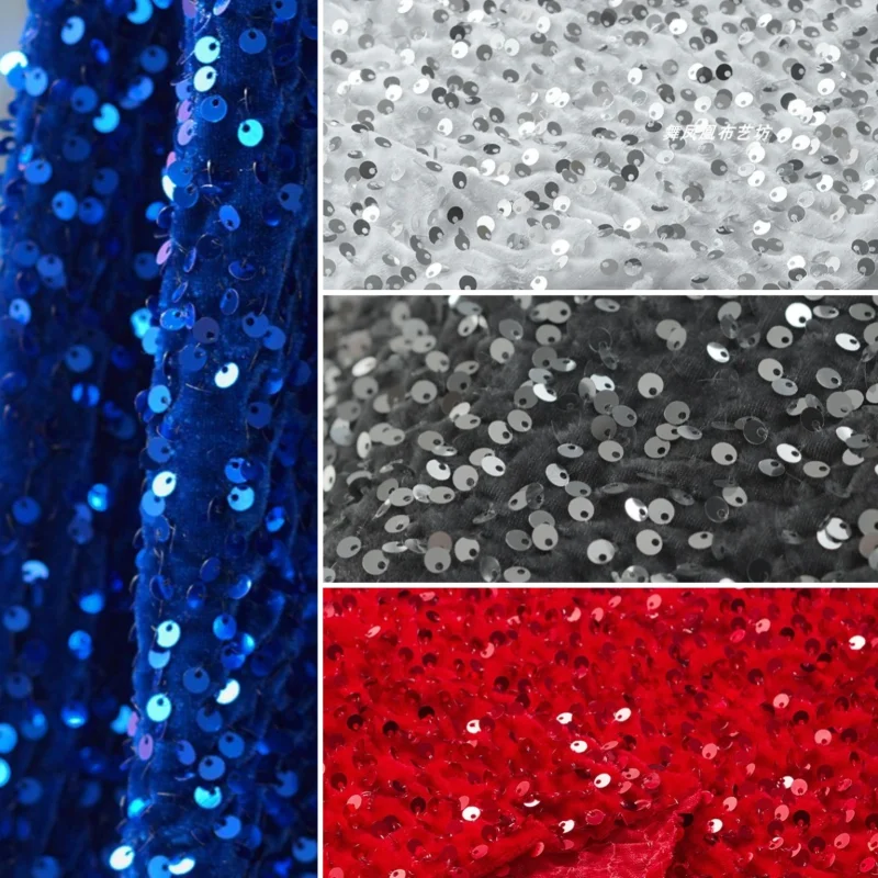 Velvet Sequins Foam Embroidered Fabric Micro Elastic Performance Dress Cloth by the Meter for Sewing Diy Material