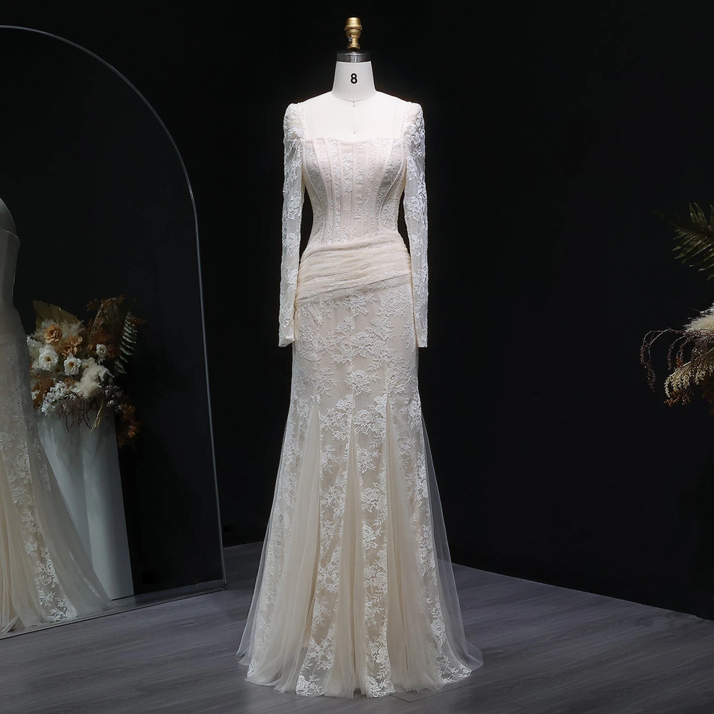 Pink Lace Long Sleeve Mermaid Evening Dress Pink Lace Pleated Square Collar Women Wedding Formal Birthday Party Gowns Customized