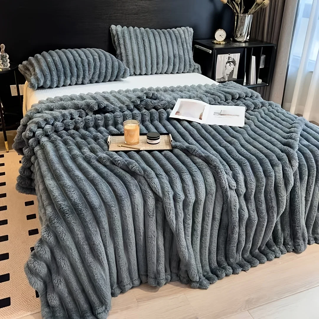 

Solid Thickened Wide Striped Flannel Multifunctional Blanket, Can Be Used As Bed Sheet Cover Blanket, Sofa Blanket,nap Blanket