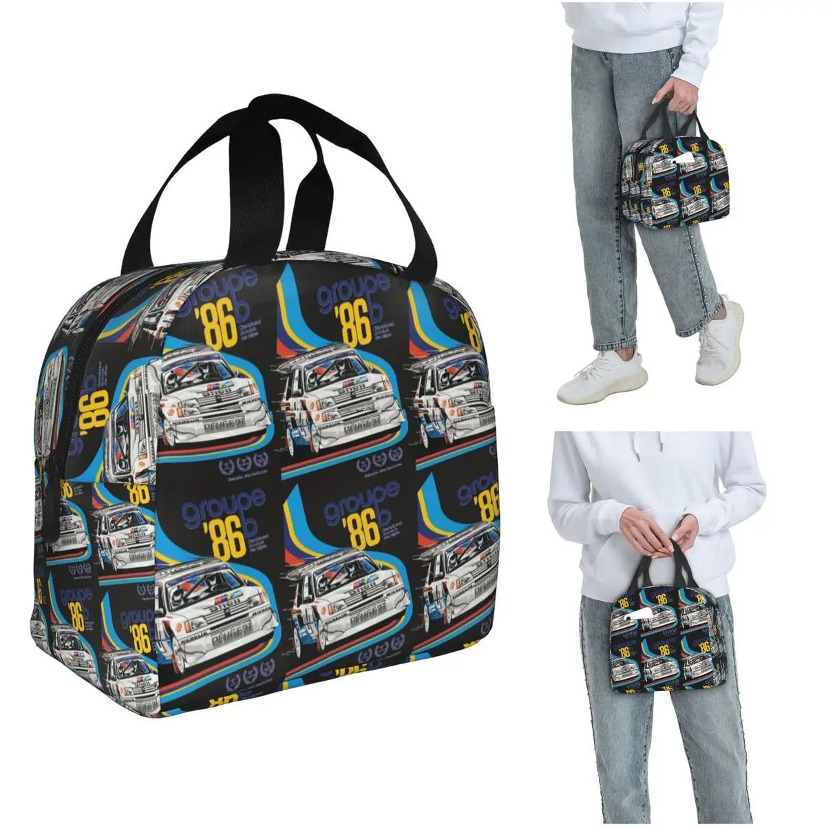 Peugeot 205 Turbo Rally &x27;86 Isolierte Lunchtasche für Damen und Kinder, tragbare Lebensmittelboxen, Thermo-Lunchbox-Tragetasche