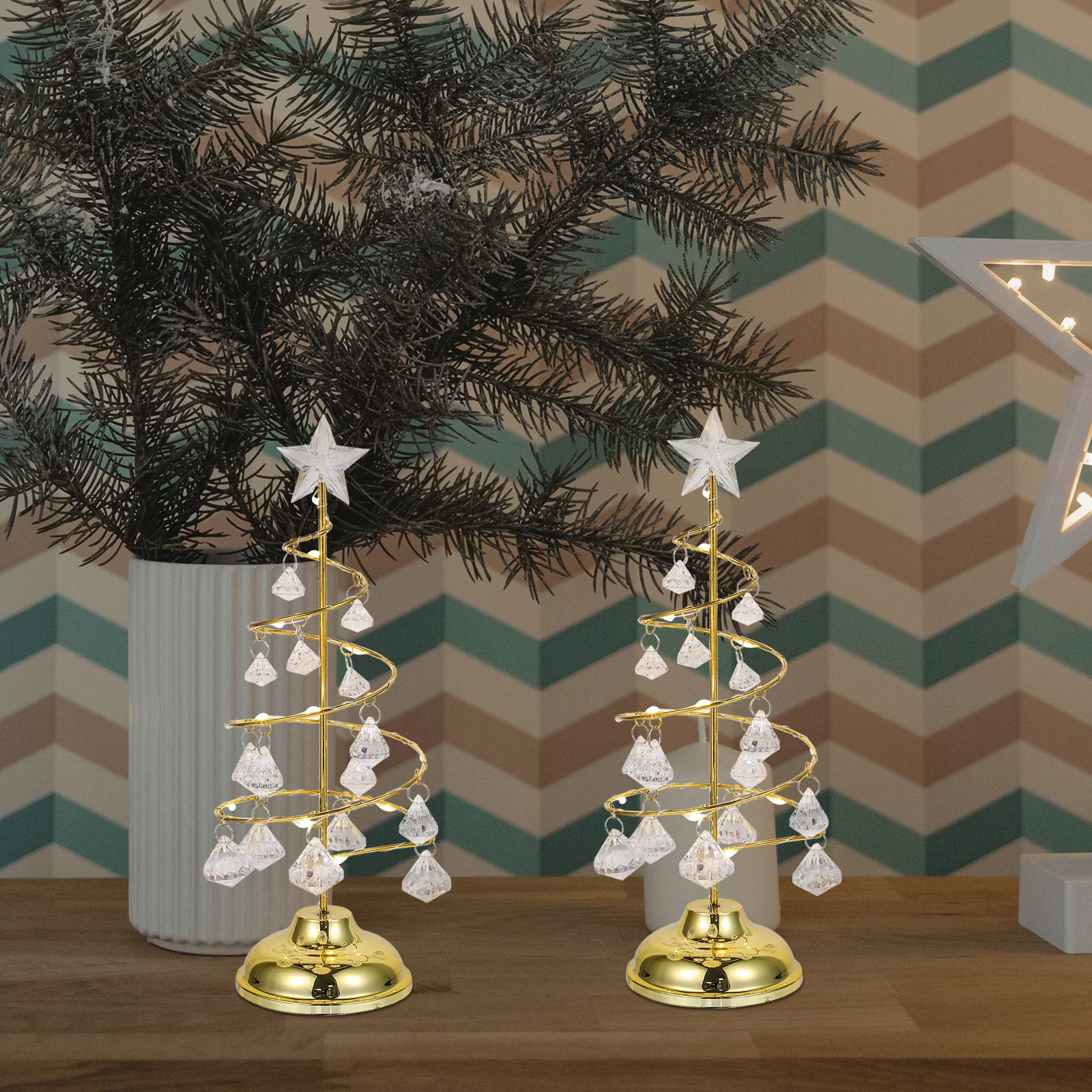 

Christmas Tree Decor Iron Art Crystal Night Light Desktop Miniature Glowing Tabletop Xmas Decoration Small Luminous Tree