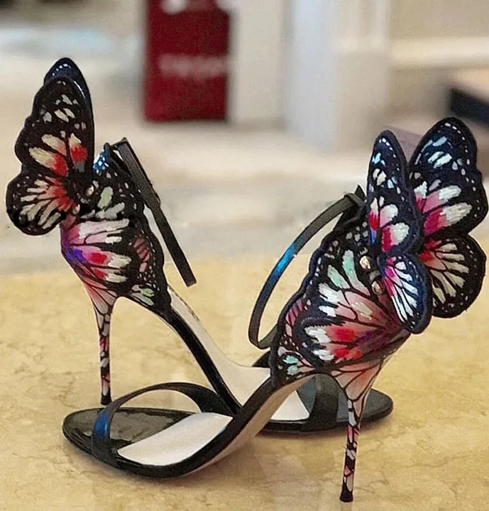 Sweet Pink Embroidery Butterfly Angel Wing Sandals Luxury Wedding Pumps Women Thin Heels Ankle Wrap Thin Heels Shoes