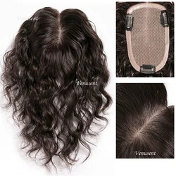 9x14cm Silk Base Human Hair Topper Silk Top Virgin European Remy Hairpiece Natural Wave Women Toupee with Clips in Natural Black