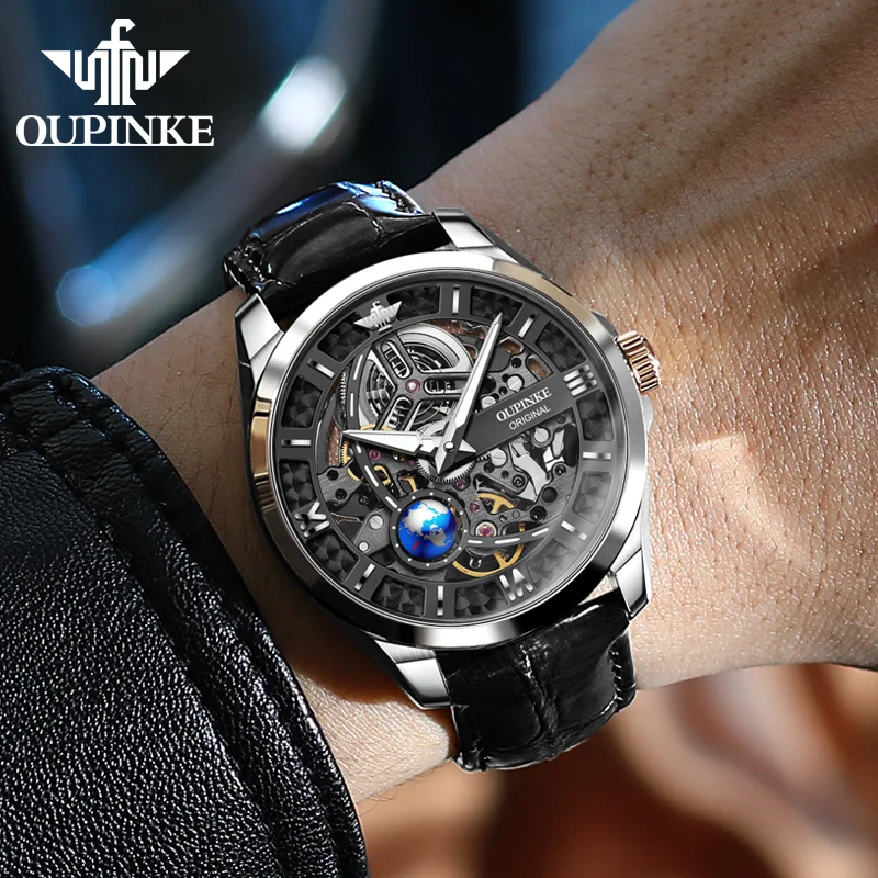 OUPINKE Men's Watches Top Brand Luxury Automatic Mechanical Watch for Man 3D Vision Rotationg Second Dial Wristwatch Sapphire