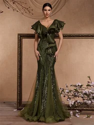 Lucyinlove Elegant Ruffle Sleeve Green Sequins Evening Dresses For Women Mermaid Formal Party Maxi Prom Dresses Cocktail Gown