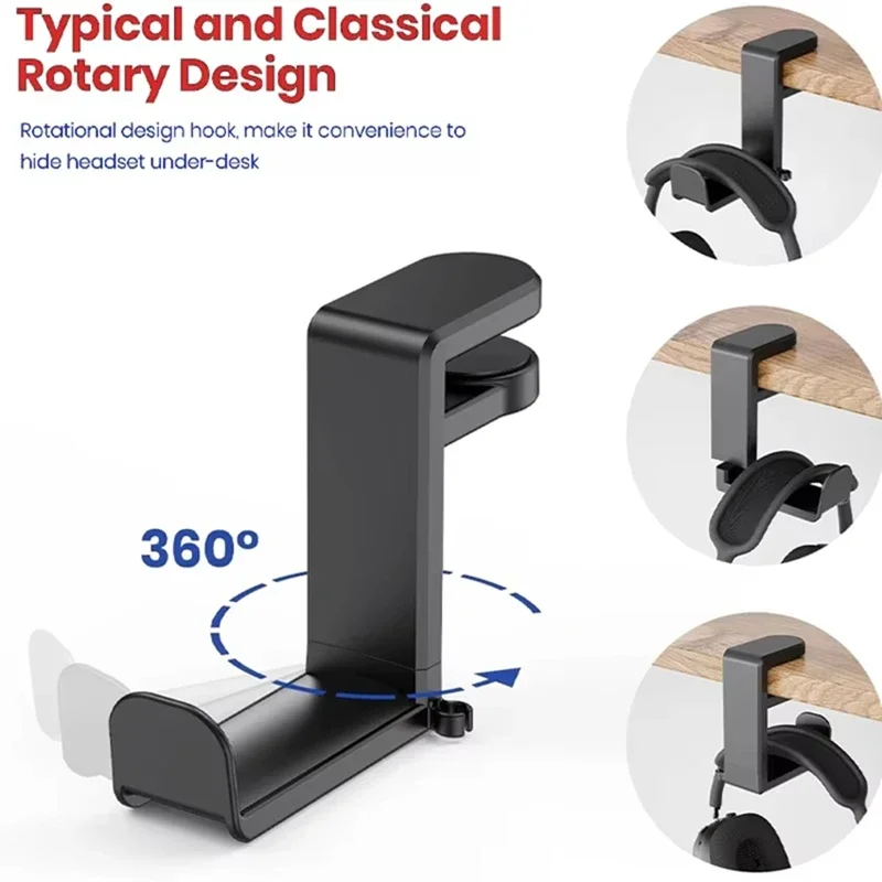 No Punch Table Clip Hook Headphone Holder 360 Degree Rotating Headphone Hanger Multifunctional Desk Storage Hook Rotatable Hook view 2