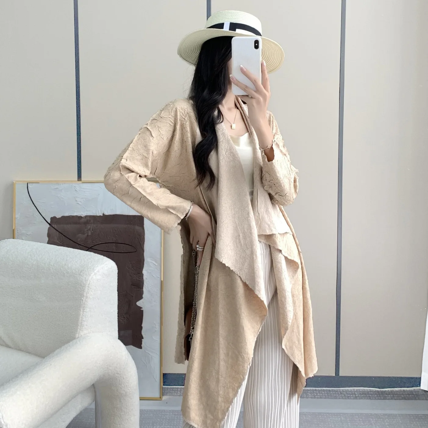 Pleats Trench Coat Women 2024 Fall New Section Length Fashion Temperament Casual Simple High-end Pleated Long-sleeved Jacket