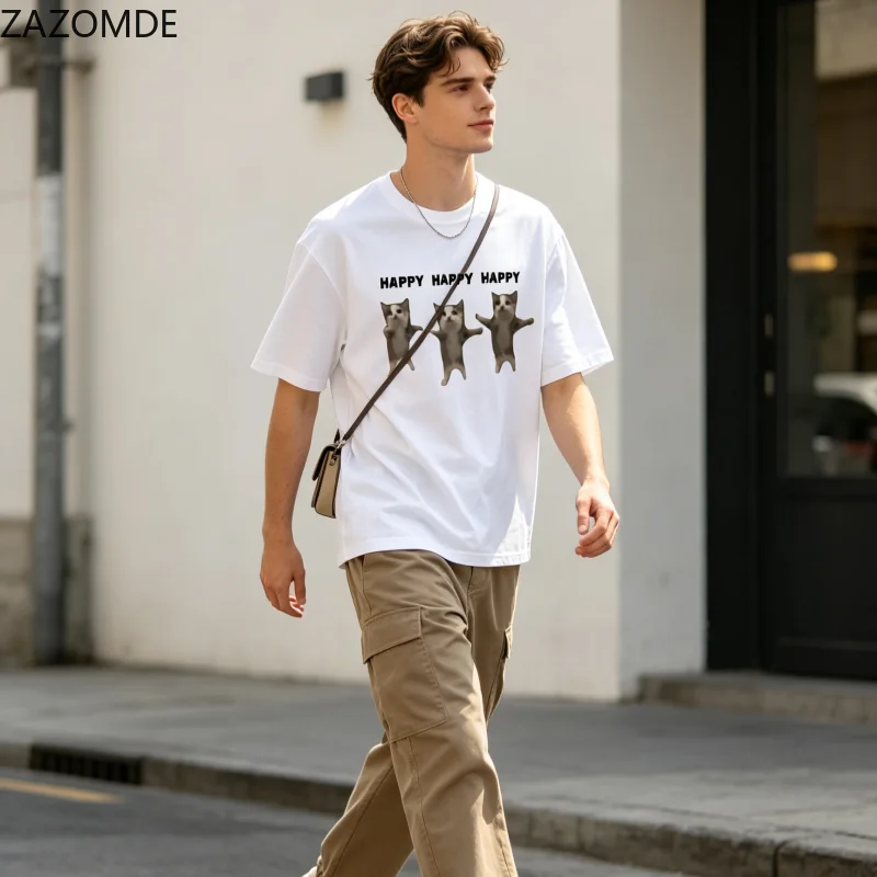 ZAZOMDE Y2K Streetwear T-Shirt Three Happy Dancing Cats Meme Print Happy Slogan Casual Oversized Short Sleeve Tees For Men Women