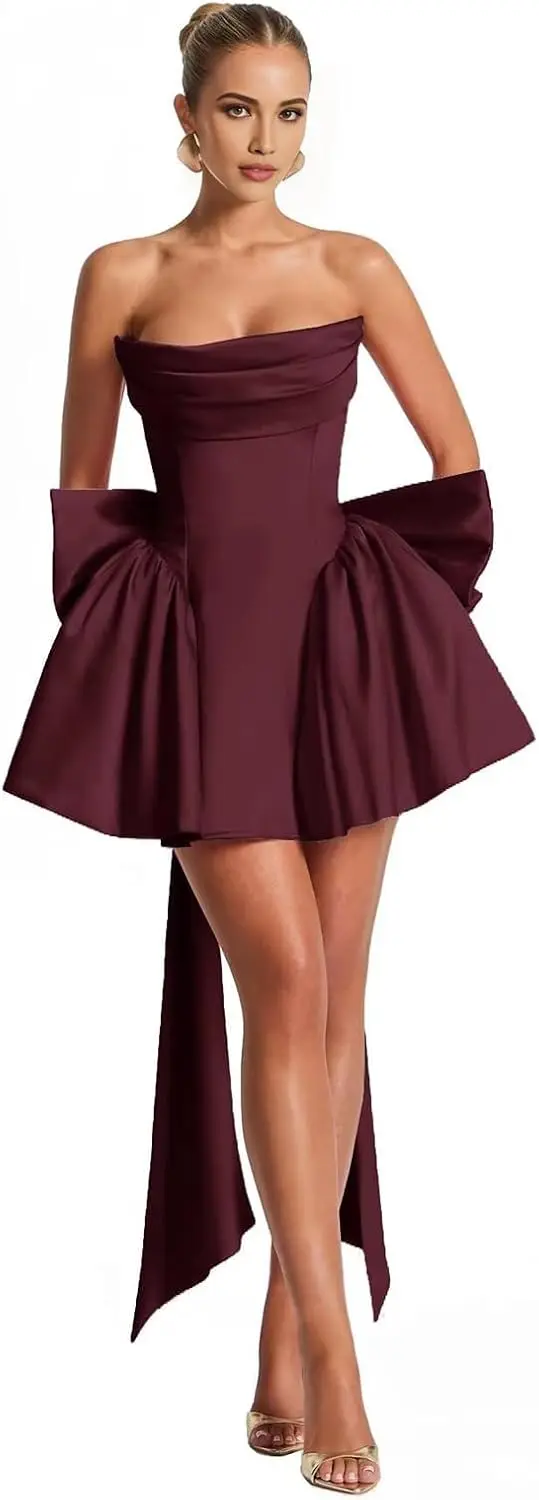 

2025 Satin Strapless Back To School Dress with A Large Bow At The Back, Mini Skirt for Teenagers Cocktail Dress Short DanceDress