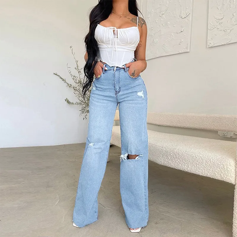 Trendy Distressed Ripped Jeans Women Wide Leg Pants Frayed Ladies Straight Denim Trousers Cut Big Hole Elegant Casual Hot Girls