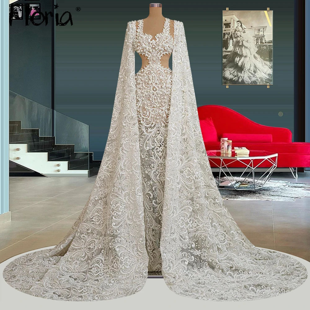 Robe de mariée à manches longues cape de Dubaï, perles de mariée, dentelle appliquée, patients, quelles que soient les robes de soirée formelles, sur mesure, 2024