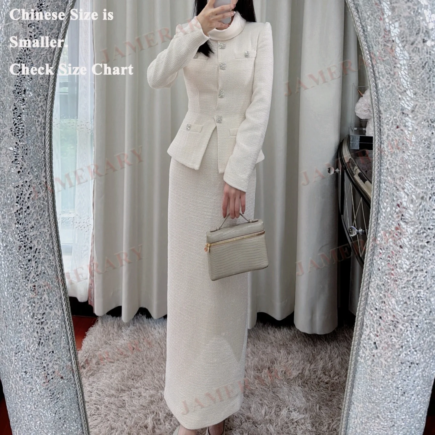 Marca de qualidade outono inverno branco manga longa tweed conjunto de duas peças feminino vestidos longos único breasted luxo formal vestido de noite